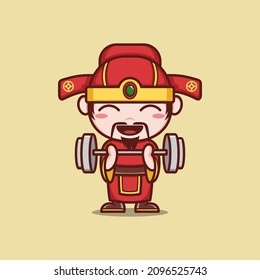 cute cartoon caishen god in chinese new year, exercising gym or fitness. vector illustration for mascot logo or sticker