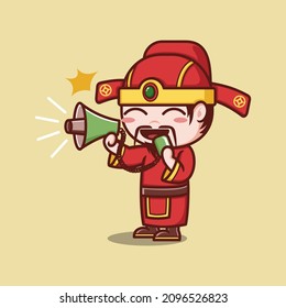 cute cartoon caishen god in chinese new year, protesting with loudspeaker. vector illustration for mascot logo or sticker