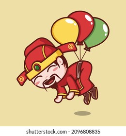 cute cartoon caishen god in chinese new year, floating using balloons. vector illustration for mascot logo or sticker