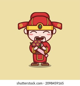 cute cartoon caishen god in chinese new year, carrying a bouquet of flowers. vector illustration for mascot logo or sticker