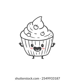Bolo de desenho animado bonito com baga isolada no fundo branco. Engraçado cupcake em estilo doodle. Colorindo página. Ilustração de vetor em preto e branco
