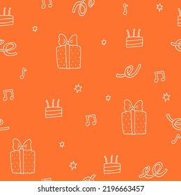 Cute cartoon cake with candles, orange pattern. Happy birthday doodle illustration with gift for baby.