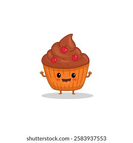 Cute cartoon cake with cherry isolated on white background. Funny cupcake in flat style. Vector illustration