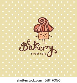 Cute cartoon cake. Vector bakery logo. Bread and pastries labels, badges and design elements.