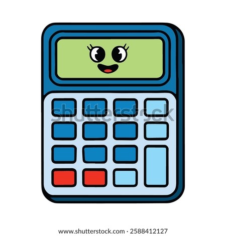 A cute cartoon calculator with a big smile and friendly eyes. This fun and playful illustration is perfect for educational materials, kids' projects, and whimsical designs. Vector illustration.