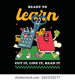 Cute cartoon calculator, scissor, and book characters walking together with energetic expressions back to school illustration