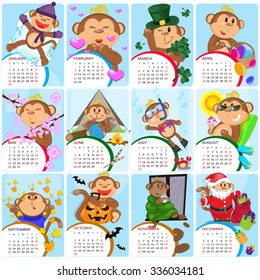 cute cartoon calendar 2016 year with monkeys