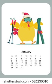 Cute cartoon calendar 2017 year with yellow rooster