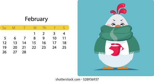 Cute cartoon calendar 2017 year with white rooster. Winter time.Love coffee