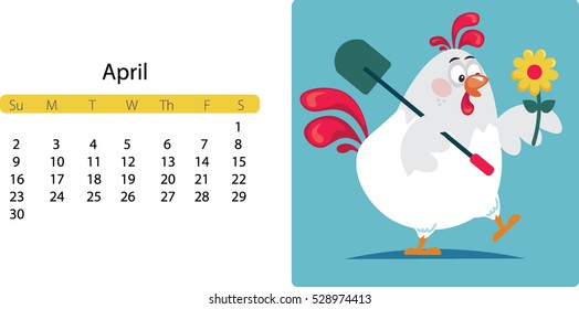 Cute cartoon calendar 2017 year banner card sticker  with white rooster/ Spring time