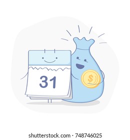 Cute cartoon Calendar with money bag. The end of the month, Salary, Annual payment day, Wage, Time to pay, Financial calendar, Monthly budget planning icon concept. Flat outline modern illustration.