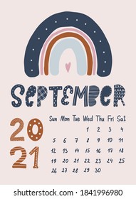 Cute cartoon calendar for September 2021 decorated with rainbow in scandinavian style. Good for nursery room decor, prints, posters, cards, agenda, planners, etc. EPS 10