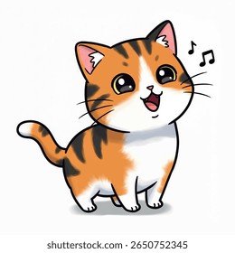 a cute cartoon calico cat dancing and singing with an excited expression.