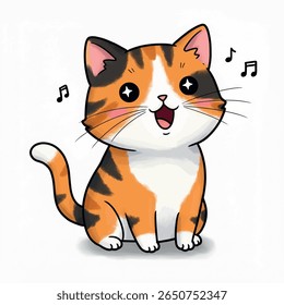 a cute cartoon calico cat dancing and singing with an excited expression.
