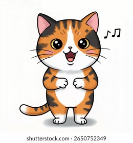 a cute cartoon calico cat dancing and singing with an excited expression.