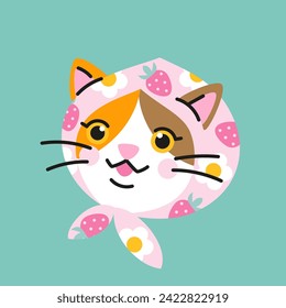 Cute cartoon calico cat with a pink scarf on head. Hand drawn vector illustration. Babushka style kitty character card template.