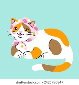 Cute cartoon calico cat with pink scarf on head. Hand drawn vector illustration. Babushka style kitty character card template.