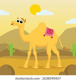 Cute Cartoon Camel in Desert Landscape – Vector Illustration