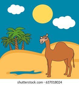 cute cartoon camel dromedary in the desert funny vector illustration