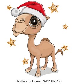 Cute cartoon camel in Santa hat isolated on white background