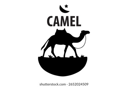 Cute cartoon camel silhouette vector drawing in the wild desert nature