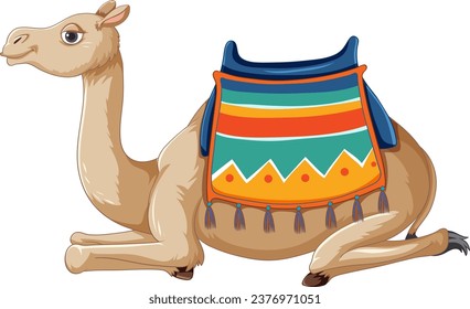 Un lindo camello de dibujos animados sentado con una silla, ilustrado en un estilo de arte vectorial