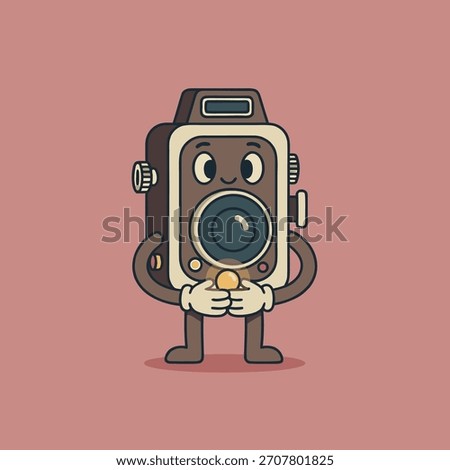 A cute cartoon camera character with eyes and hands holding a lightbulb, standing on a pink background.