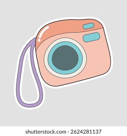 Cute Cartoon Camera Vector Sticker. Adorable pastel camera sticker in cartoon style. Perfect for scrapbooking, social media icons, or kids’ creative projects and decorations