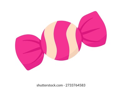 Caramelos lindos de dibujos animados con rayas de frambuesa y envoltorios. Ilustración vectorial plana de postre dulce aislado sobre fondo blanco