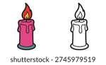 Cute Cartoon Candle Vector Illustration Set With Coloring Page Outline