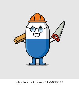 Cute cartoon capsule medicine as carpenter character with saw and wood in flat modern style design