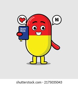 Cute cartoon capsule medicine character holding diary book with happy expression