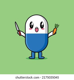 Cute cartoon capsule medicine character holding knife and carrot in modern style design