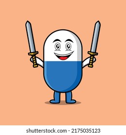 Cute cartoon Capsule medicine character holding two sword in flat modern design
