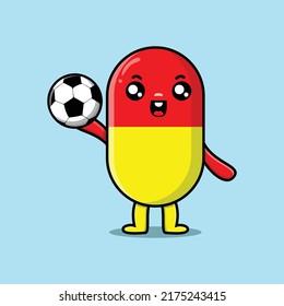 Cute cartoon capsule medicine character playing football in concept flat cartoon style illustration