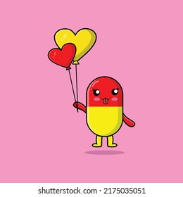 Cute cartoon capsule medicine floating with love balloon cartoon vector illustration