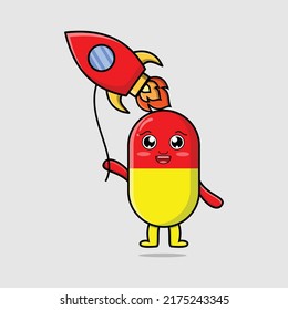 Cute cartoon capsule medicine floating with rocket balloon cartoon vector illustration 