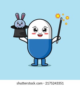 cute cartoon capsule medicine magician character with bunny character coming out from magic hat