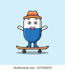 cute cartoon capsule medicine standing on skateboard with cartoon vector illustration style