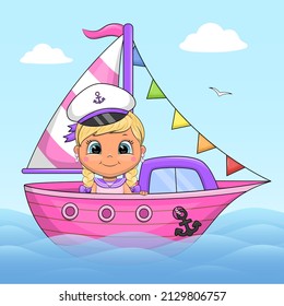 Cute cartoon captain girl on the ship. Vector illustration on a pink background.