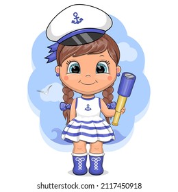 A cute cartoon captain girl in a white hat and striped dress is holding a spyglass. Vector illustration on a blue background.