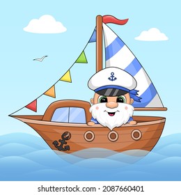 Cute cartoon captain on the ship. Vector illustration on a blue background.
