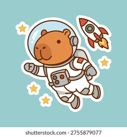 Cute Cartoon Capybara Astronaut Floating in Space with Rocket