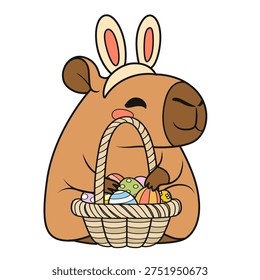 Cute cartoon capybara with bunny ears and a basket of Easter eggs on white background 
