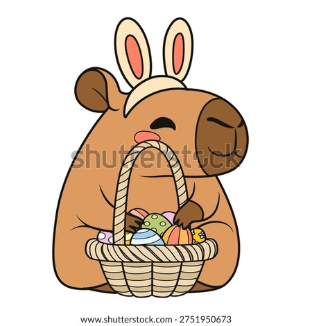 Cute cartoon capybara with bunny ears and a basket of Easter eggs on white background 