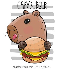 Cute Cartoon capybara with burger on a striped background