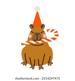 Cute cartoon capybara with candy cane. Hand drawn vector illustration. Funny animal isolated on white.Naive Christmas childish design.Cool comic character, kids poster, xmas card, social media banner.