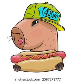 Cute Cartoon capybara in cap with hot dog on a white background