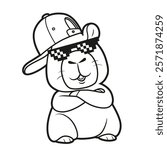 Cute cartoon capybara in a cap and sunglasses outlined for coloring page on white background
