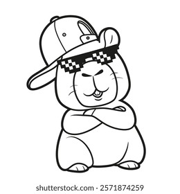 Cute cartoon capybara in a cap and sunglasses outlined for coloring page on white background